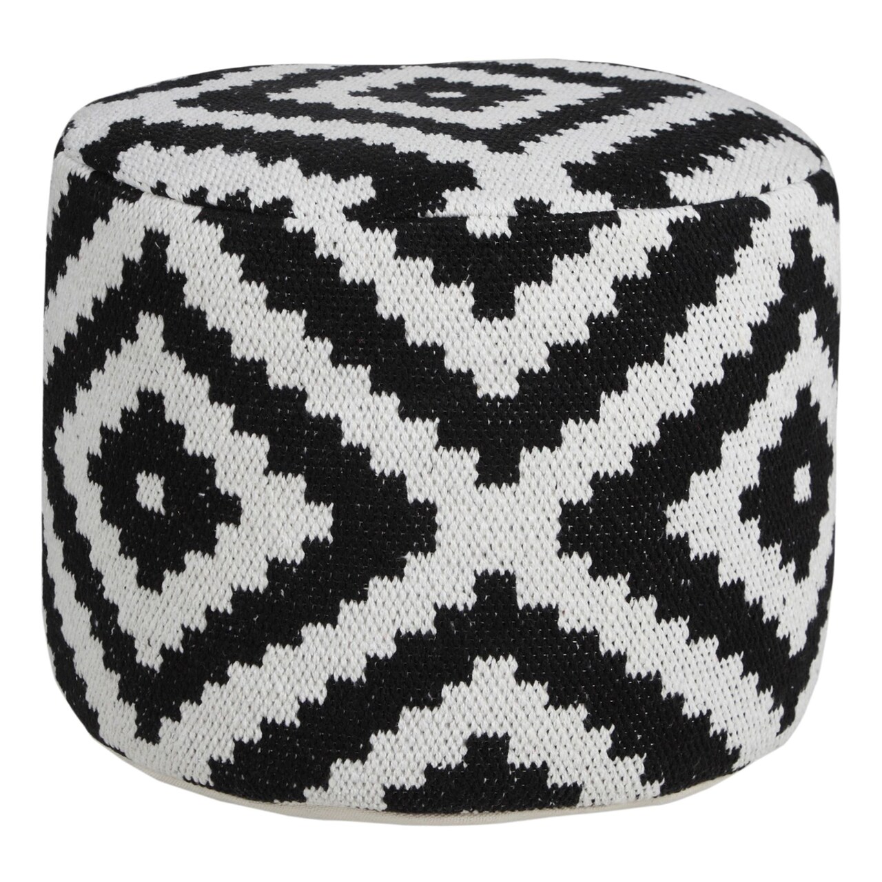 Laddha Home Designs 18" White and Black Geometric Medallion Round Pouf Ottoman